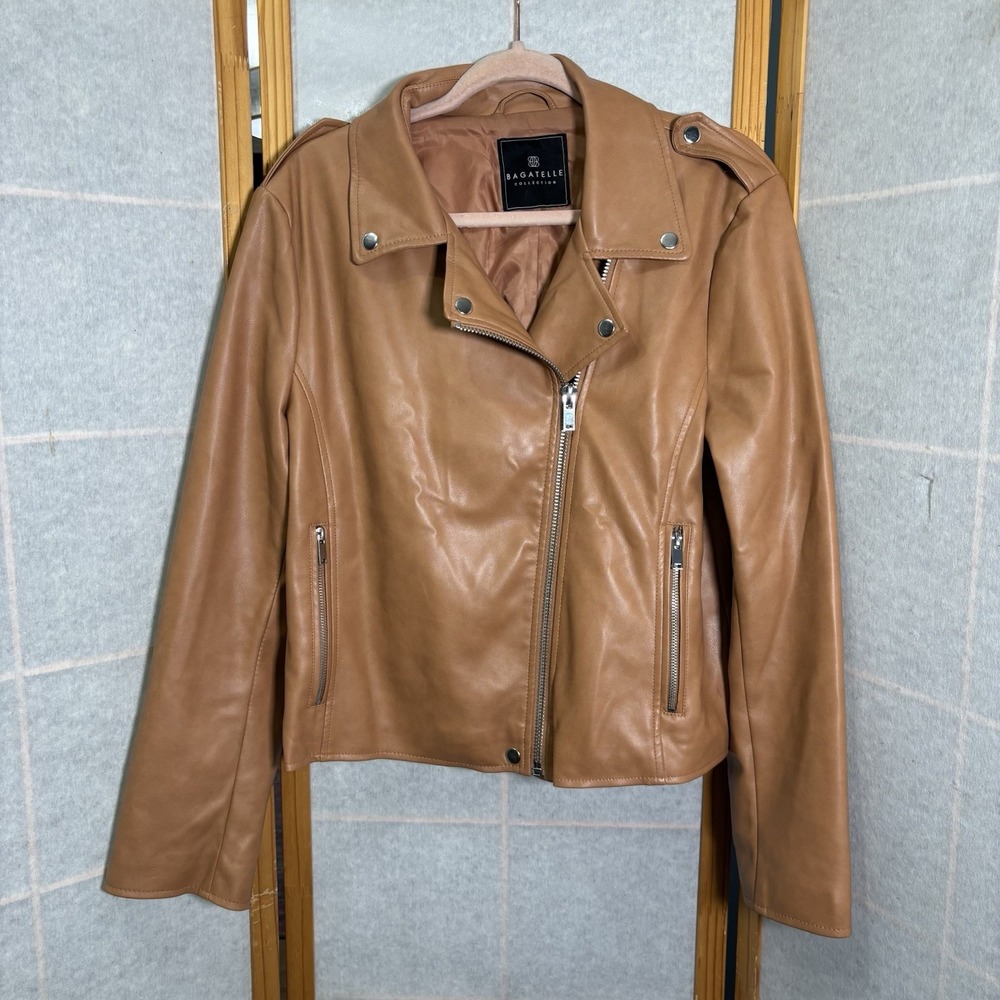 Bagatelle Women's Brown Faux Leather Moto Jacket Bomber Full Zip Coat Size-M
